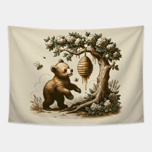 Honey Delight - Bear and Beehive Vintage Illustration Tapestry