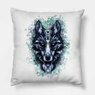 Splatter abstract wolf artwork, blue wolf face Pillow