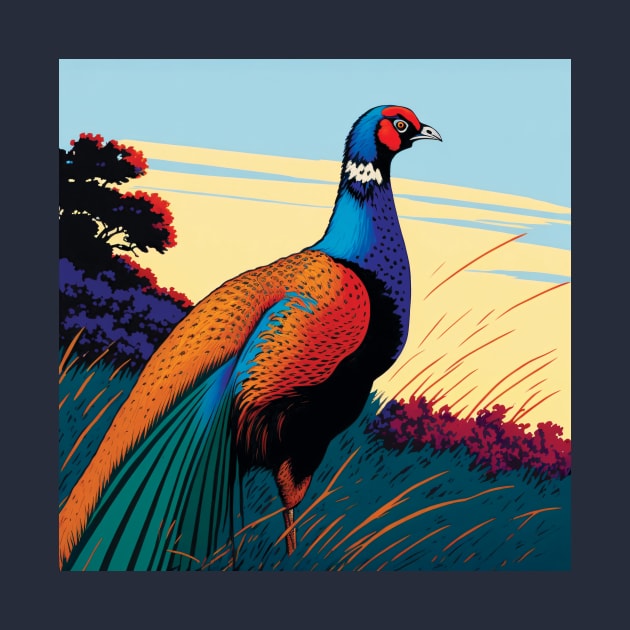 British Pheasant in orange, teal and blue by Geminiartstudio