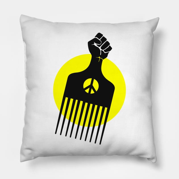 Black Fist Afro Pick, yellow sun Pillow by UrbanLifeApparel