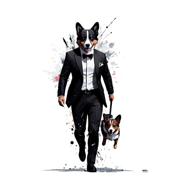 Dapper Corgi Secret Agent Carrying a Comrade in Tuxedo by fur-niche