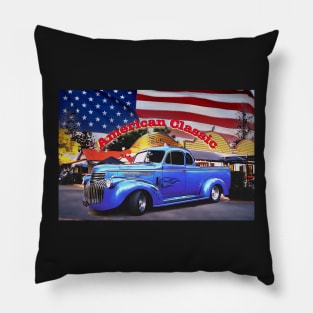 Classic Old American Truck in Blue with American Flag Pillow