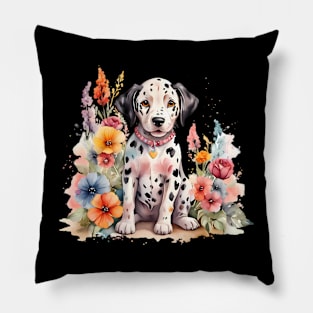 A baby dalmatian decorated with beautiful watercolor flowers Pillow