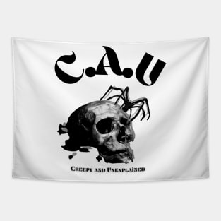 CAU (creepy and unexplained) Skull with spider Conspiracy t-shirt for all sizes and ages Tapestry