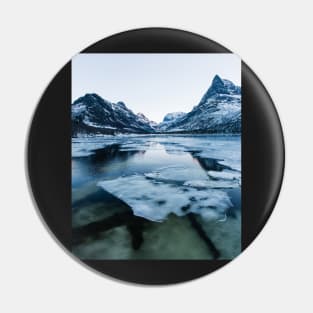 Ice Floating on Innerdalen Lake With Mountain Range on Freezing Winter Day Pin