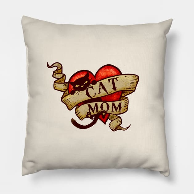 Cat Mom in Retro Heart Tattoo Style Pillow by Jitterfly