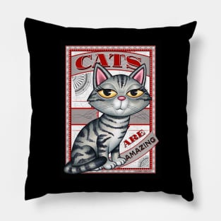 Gray Tabby kitty on cute red and black Cats are Amazing Pillow