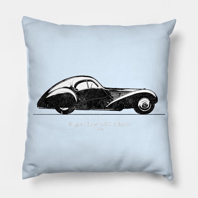Bugatti Type 57 SC Atlantic 1936 - Black and White 02 Pillow by SPJE Illustration Photography