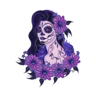 Day of the dead purple gerbera daisy art by Renee Lavoie T-Shirt