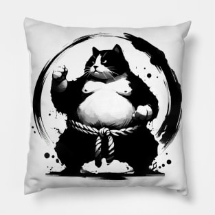 Sumo Cat Wrestler Sumie Enso Circle Japanese Brushstroke Pillow