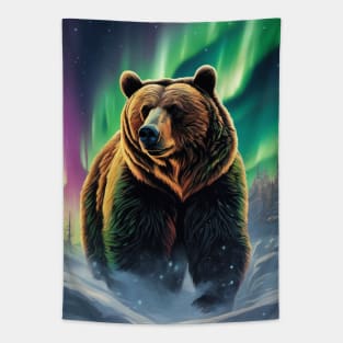 Brown Bear with Forest and Borealis, Colorful, Beautiful Tapestry