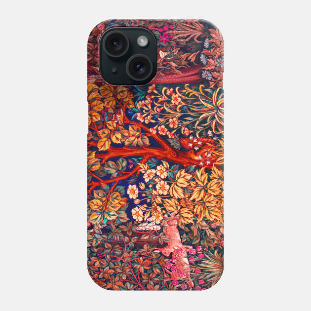 GREENERY,FOREST ANIMALS Pheasant on Fall Tree,Squirrel,Hares,Red Orange Pink Floral Tapestry Phone Case by BulganLumini