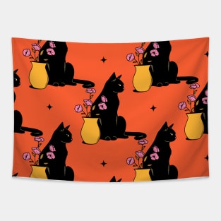 Playful Black Cat Pattern in orange Tapestry