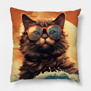 1980's Surf Cat - Retro Vintage Beach Vibes Pillow