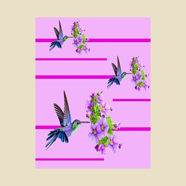 Hummingbirds and purple flowers on pink by YamyMorrell