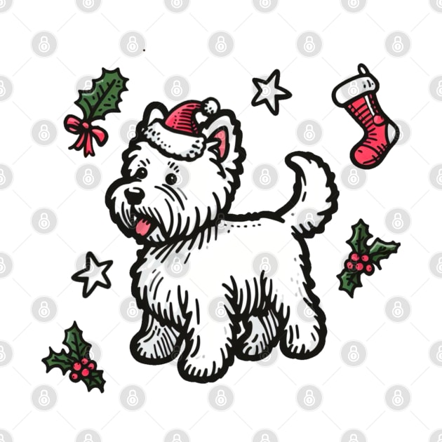 Westie Christmas Design - West Highland Terrier Santa Hat - Cartoon Dog Holiday Drawing by Star Fragment Designs