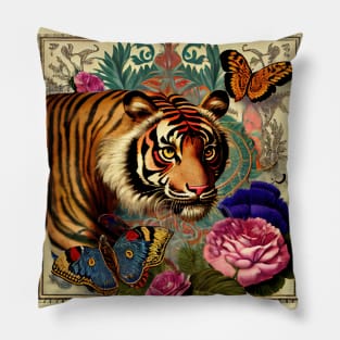 Vintage tiger, flowers and butterflies Pillow