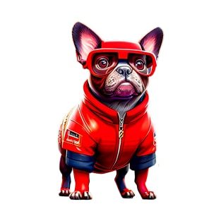 The Charismatic Frenchie: Racing in Red F1 Suit T-Shirt