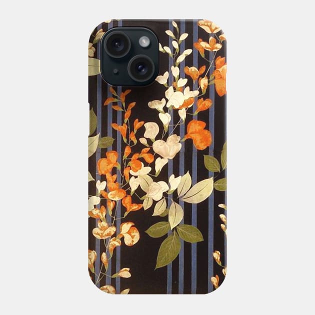 WHITE ORANGE FLOWERS AND BLUE BLACK STRIPES Antique Japanese Floral Phone Case by BulganLumini