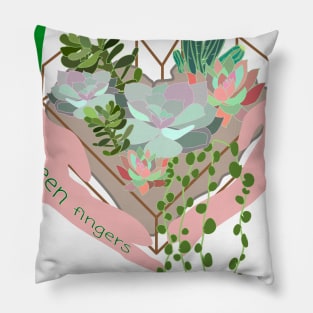 Green Fingers, girl holding succulent terrarium with cactus, agava, string of pearls Pillow