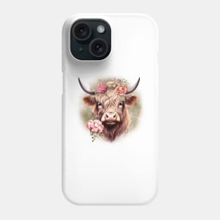 Highland Cow with Pink Flowers Phone Case