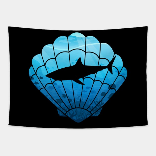 Shark in the ocean, black shark, blue ocean, seashell art Tapestry by Julorzo