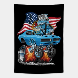 Patriotic Sixties American Muscle Car with USA Flag Cartoon Tapestry