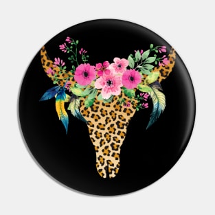 Cow Bull Skull Floral Skeleton Pin