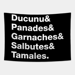 Belizean Specialty Food List in White Text Tapestry