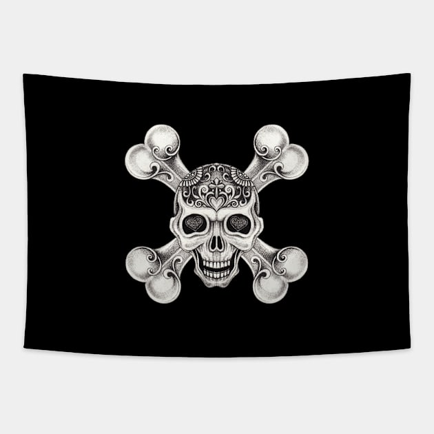 Skull and crossbone in love day of the dead design. Tapestry by Jiewsurreal