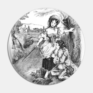 Idyllic Rustic Scene with a Girl and a Shepherd. Black and White Vintage Illustration Pin