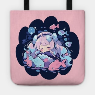 Adorable Anime Chibi Pisces Zodiac Sleeping Little Astro Girl Tote