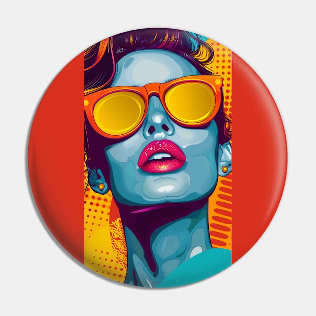 Pop Art Woman Orange Glasses Pin by JunkyDotCom