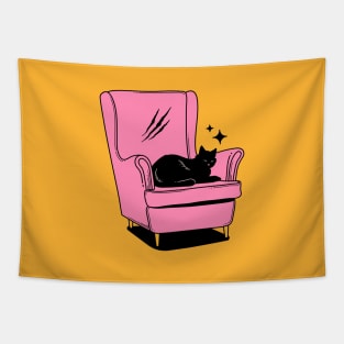 Naughty Black Cat in yellow Tapestry