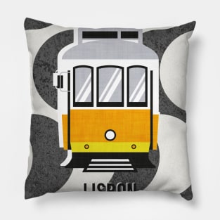 Lisbon trams // print // Portuguese Rossio cobblestone inspiration background lemon lime and marigold transport Pillow