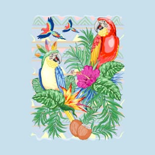 Macaws Parrots Exotic Birds on Tropical Flowers and Leaves T-Shirt
