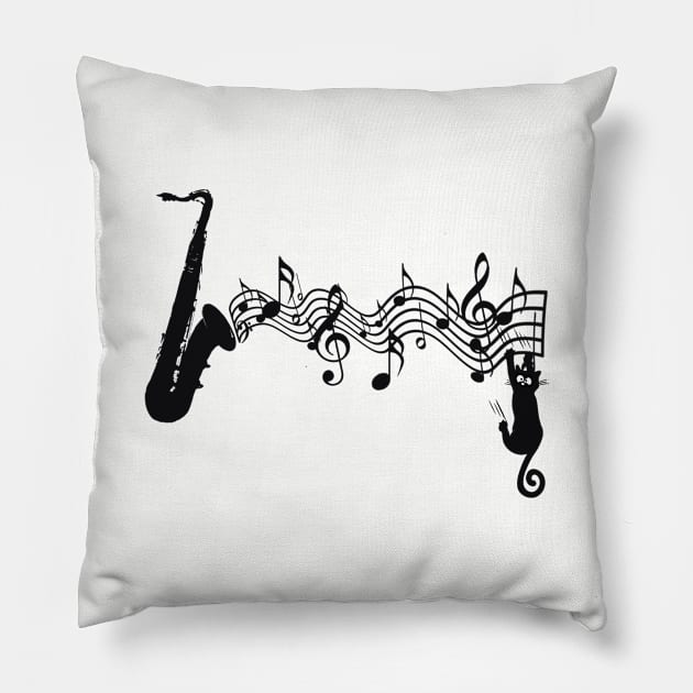 Saxophone music, black cat hanging on Pillow by SerenityByAlex