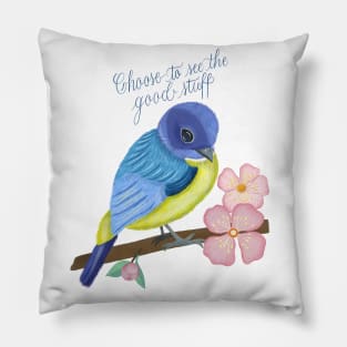 Bird illustration, spring spirits and calligraphy Pillow