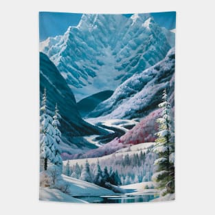 Snowy river in a boreal pine forest Tapestry