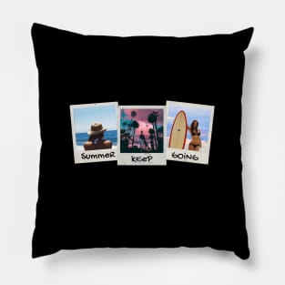 Summer Keep Going // Polaroid photo and inscription. Girl with a hat sits on the shore. Coconut palm. Pink clouds. Surfing woman Pillow