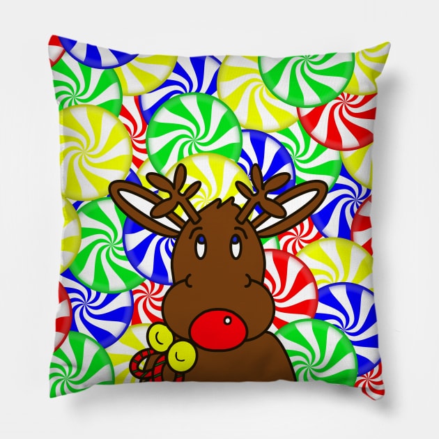 CHRISTMAS Candy Red Nose Reindeer Xmas Pillow by SartorisArt1