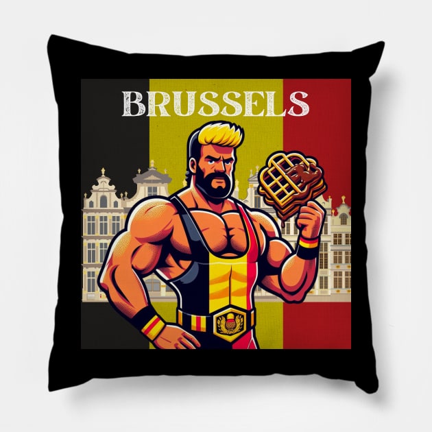 Brussels Grand Place Wrestler Waffles Pillow by Woodpile