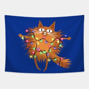 The Ginger Cat and the Christmas Tree Lights Tapestry