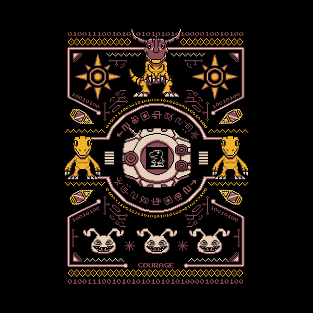 Agumon Digimon Sweater - Greymon Crest of Courage - Pixel art by Typhoonic