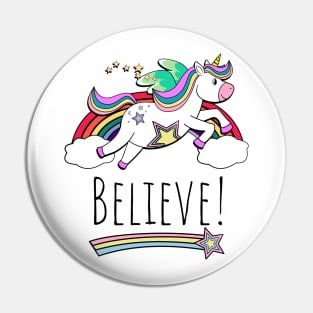 Flying Unicorn Hearts And Rainbow Inspirational Believe Pin