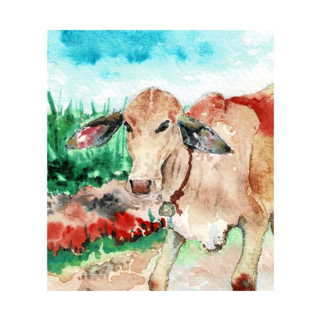 Cute Hand Painted Baby Cow in a Field by Random Happiness