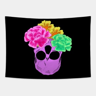 Bright Neon Purple Upside Down Skull Wit Neon Pink Neon Green and Yellow Flowers Tapestry