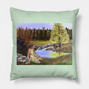 Woman girl seated by forest pond landscape painting peaceful relaxed zen yoga buddhism Pillow
