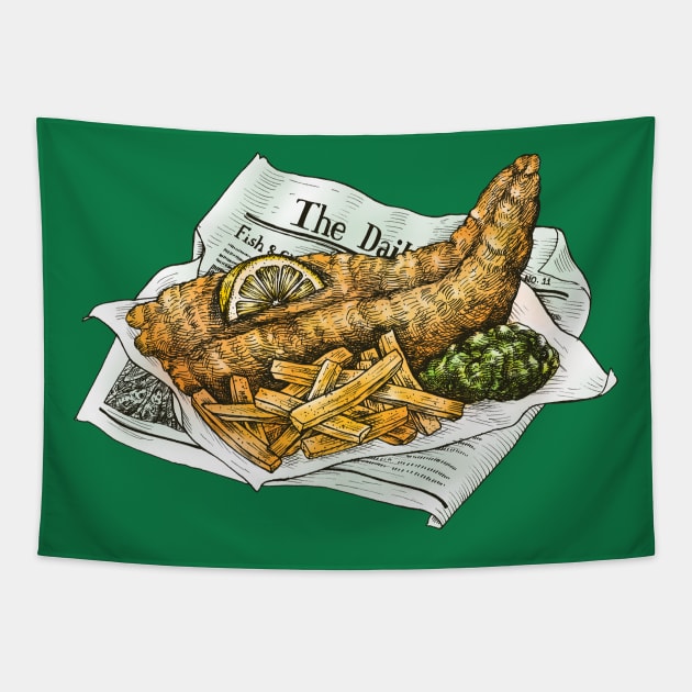 Hand Drawn Fried Fish & Chips Tapestry by Mako Design 