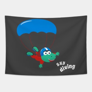 cartoon illustration of skydiving with litlle dinosaur Tapestry